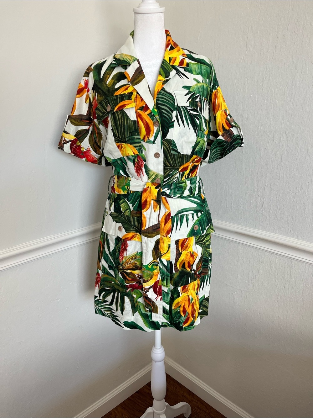 House of Harlow 1960 Tropical Print Linen-blend Dress with tie belt